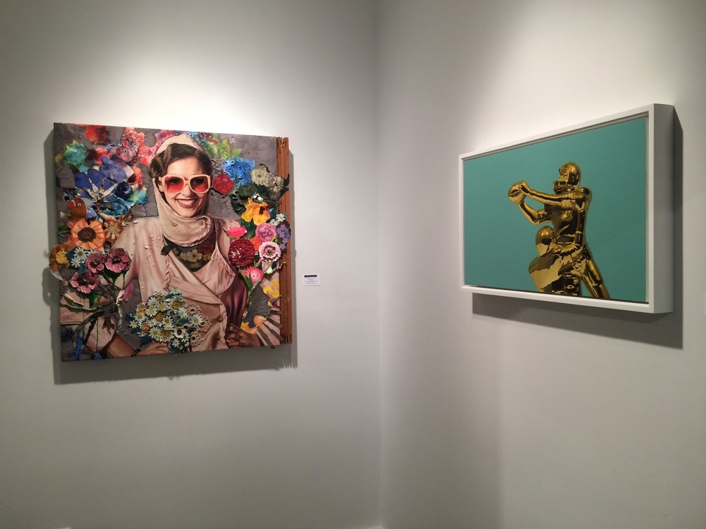 From left: James Gortner "Rose Color Glasses", oil and mixed media on assembled found canvases, Chris Cosnowski "Tackle", oil on panel From left: James Gortner "Rose Color Glasses", oil and mixed media on assembled found canvases, Chris Cosnowski "Tackle", oil on panel