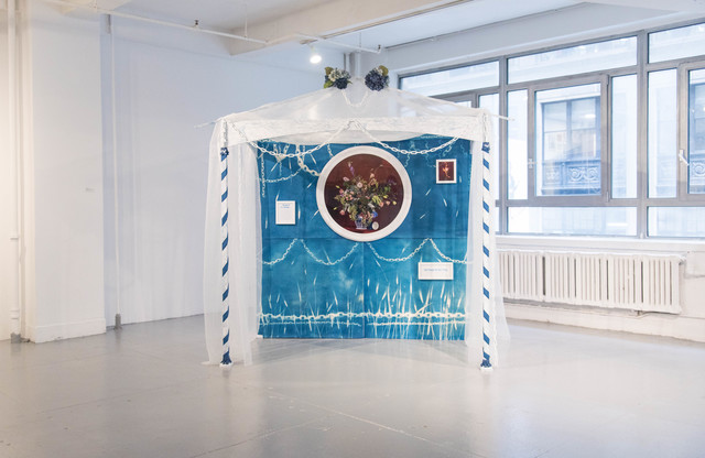 Rachel Stern, ‘Pavilion for Red Emma’, 2017, Installation, Cyanotype, c-prints, metal, fabric, ribbon, trims, wallpaper, and framed translations of Whitman poems by Paul Legault., EFA Project Space