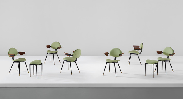 Carlo Mollino, ‘Set of six armchairs and two stools, from the Lutrario Ballroom, Turin’, circa 1959, Design/Decorative Art, Painted steel, brass, Honduran mahogany-veneered bent plywood, fabric upholstery., Phillips