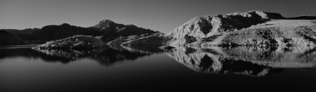 Cody S. Brothers, ‘Black & White Panoramic Photography: 'Rufus Cove Reflection- Lake Mead National Recreation Area, Nevada'’, 2018, Photography, Black & White Digital Chromogenic Print, Laminate, Black wood float frame, Ivy Brown Gallery