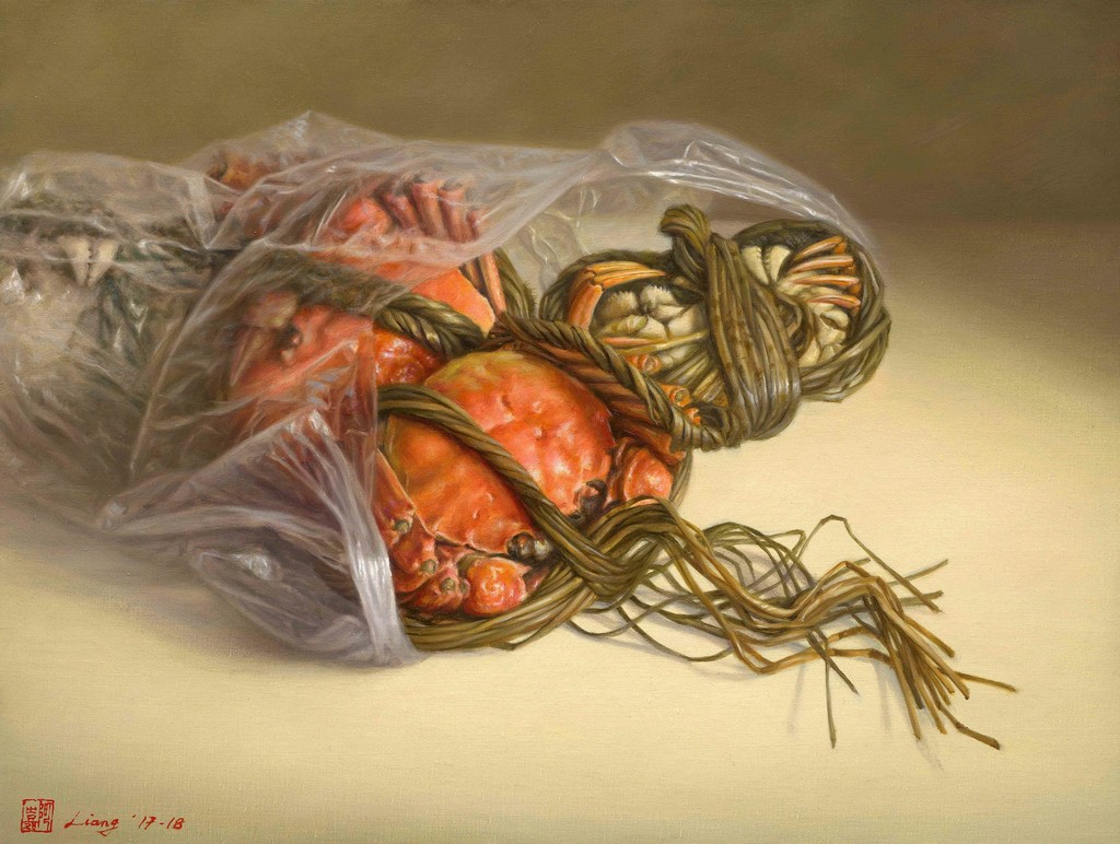 “Crabs" is a still life painting with seafood. It is solid big orange clip crab with red on the right side and gray on reverse side. It shows faintly discernible in thick white plastic bag and tied them up with a thick rope. To put those crabs on the table. The artist created a scene that seems to tell you, "Strong and fresh crabs just buy from fish market and served by good wine and vinegar then it is a wonderful weekend night." “Crabs" is a still life painting with seafood. It is solid big orange clip crab with red on the right side and gray on reverse side. It shows faintly discernible in thick white plastic bag and tied them up with a thick rope. To put those crabs on the table. The artist created a scene that seems to tell you, "Strong and fresh crabs just buy from fish market and served by good wine and vinegar then it is a wonderful weekend night."
