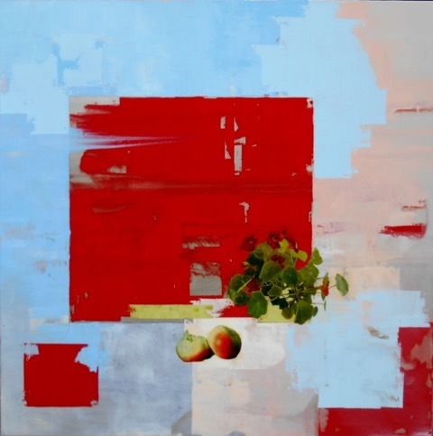 Christina Penrose, ‘Nasturtium & Apples w/ red, blue & pink’, 2017, Painting, Oil & Mixed Media, InLiquid
