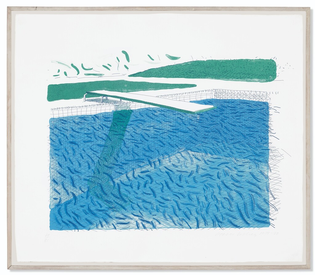 David Hockney - Lithographic Water Made of Lines, Crayon, and Two Blue Washes