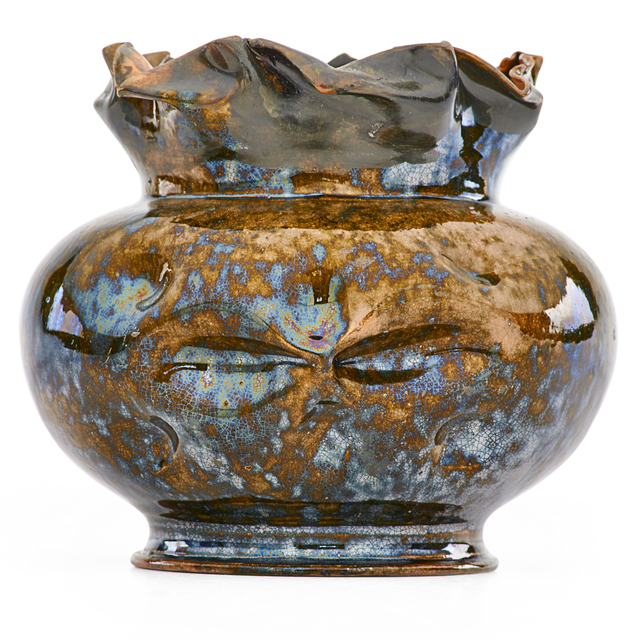 George E Ohr Large Face Vase With Ruffled Rim Green Ochre And