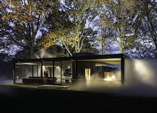 Richard Barnes, ‘Angled View of Glass House at Night, Glass House’, 2014, Photography, Archival inkjet print mounted to archival substrate, framed in black with UltraVue70, Bau-Xi Gallery