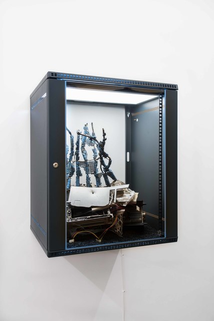 Joachim Coucke, ‘An interface to immortality II’, 2020, Sculpture, Server cabinet, led tile, plastic bin, conveyor belt parts, various computer components, cables, metal, gravel, plastic parts and hardware, Tatjana Pieters