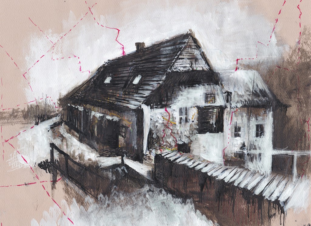 Allison Lee, "Last Stop", Acrylic, pen, ink, and ballpoint pen on pastel and road map paper, 11" x 8", 2018 Allison Lee, "Last Stop", Acrylic, pen, ink, and ballpoint pen on pastel and road map paper, 11" x 8", 2018
