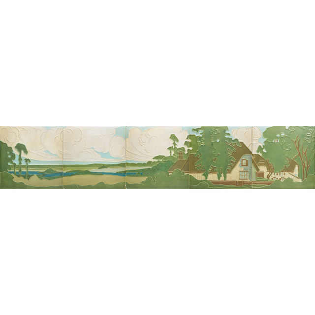 Rookwood Pottery, ‘Rookwood Faience, Fine Large Five-Tile Frieze Decorated In Cuenca With Cottage In A Wooded Landscape, Cincinnati, OH’, ca. 1910, Rago/Wright