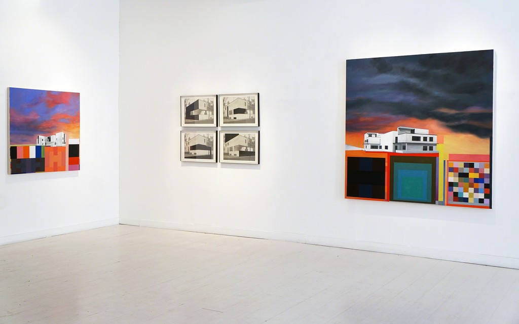 Left: Gropius Landscape (Master's House Kandisnky/ Klee I) 2014, oil/canvas 42" x 42"
Center: Gropius Series: Director's House 2015, View 1,2,3 and 6 graphite on inkjet print, 15" x 22"
Right: Gropius Landscape (Master's House Kandinsky/ Klee II) 2015, oil/canvas 63" x 63" Left: Gropius Landscape (Master's House Kandisnky/ Klee I) 2014, oil/canvas 42" x 42"
Center: Gropius Series: Director's House 2015, View 1,2,3 and 6 graphite on inkjet print, 15" x 22"
Right: Gropius Landscape (Master's House Kandinsky/ Klee II) 2015, oil/canvas 63" x 63"