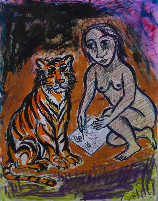 Eileen Cooper, ‘Drawing Tiger Portrait’, 2003, Painting, Mixed media on gesso panel, Castlegate House Gallery