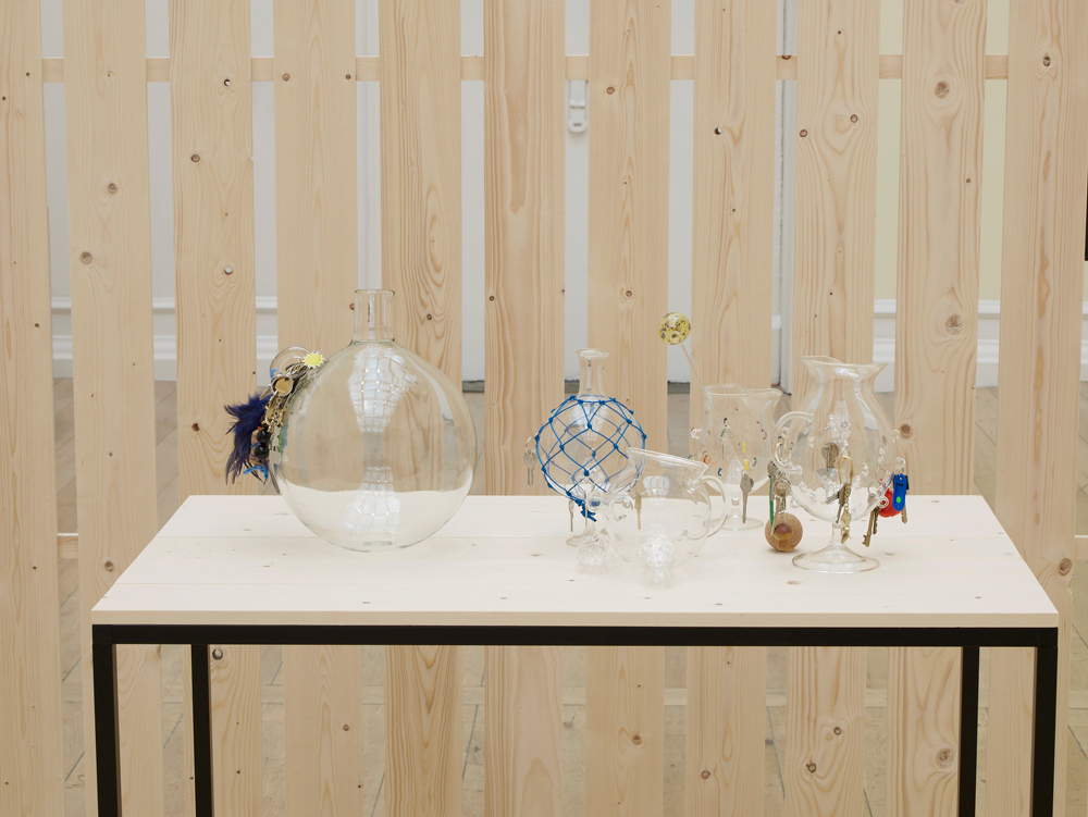Richard Healy, Albert Goldman's Martini Pitcher series, mouth blown glass, door keys, key rings. Photo by Andy Keate. Courtesy of the South London Gallery and the artist. Richard Healy, Albert Goldman's Martini Pitcher series, mouth blown glass, door keys, key rings. Photo by Andy Keate. Courtesy of the South London Gallery and the artist.
