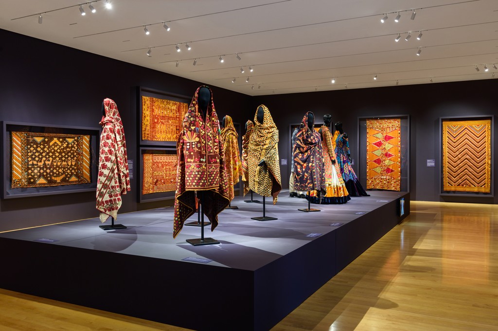 Installation Photograph of "Phulkari: The Embroidered Textiles of Punjab from the Jill and Sheldon Bonovitz Collection" Courtesy of the Philadelphia Museum of Art. Installation Photograph of "Phulkari: The Embroidered Textiles of Punjab from the Jill and Sheldon Bonovitz Collection" Courtesy of the Philadelphia Museum of Art.