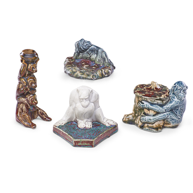 Pierre Adrien Dalpayrat, ‘Two Vide-Poches, One Candlestick, And One Vessel With Monkeys, France’, Early 20th C., Rago/Wright
