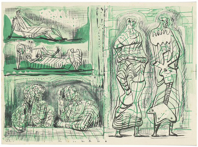 Henry Moore, ‘Two Standing Figures with Studies on the Left’, circa 1950, Print, Collotype printed in green and black on wove paper, Christie's