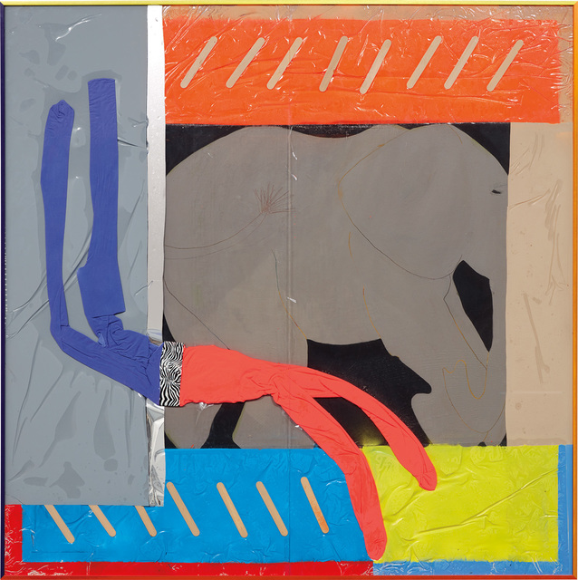 Alex Da Corte, ‘Elephant Bends’, 2013, Other, Enamel, wooden craft sticks, Mitchell Kehe's Untitled from ZOOKEEPER, American Apparel leggings, duct tape, plastic sheeting, adhesive mirror foil, vinyl, spray adhesive, spray paint, foam and Plexiglas, in artist's frame, Phillips