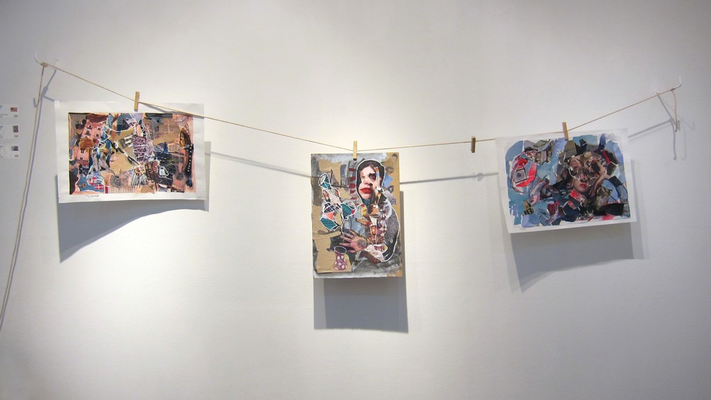 Noor Bahjat's collage on paper works pinned to a clothesline. Noor Bahjat's collage on paper works pinned to a clothesline.
