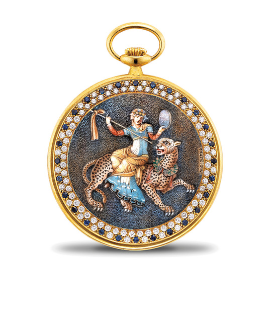 Audemars Piguet, ‘A very rare and fine yellow gold and gem-set openface pocket watch with multi-chrome enamel with Dionysos riding a leopard by Ni. Gi Barna’, 1982, Phillips