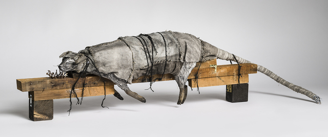 Elizabeth Jordan, ‘Sculpture of cat lying on wood block: 'Beyond the Door'’, 2018, Ivy Brown Gallery