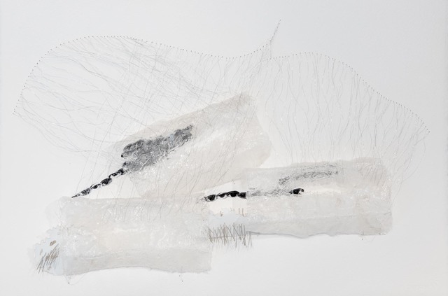 Safaa Erruas, ‘Fragments de vie I’, 2017, Drawing, Collage or other Work on Paper, Strips of resin gauze, needles, metal threads and thumbnail images of the eyes on cotton paper, L'Atelier 21