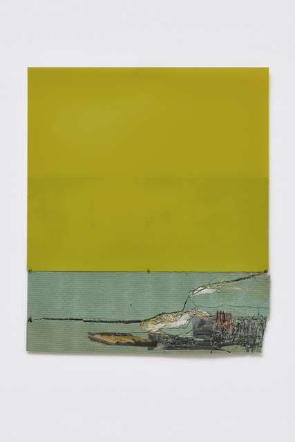 Cathryn Boch, ‘Sans titre’, 2019, Mixed Media, Large green plastic, compressed wood, collage, image from printed press, machine stitching, hand stitching, Galerie Papillon
