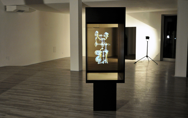 Christian Zanotto, ‘AKTOR - HOLOGRAPHIC THECA’, 2014 , Other, Animated virtual sculpture in holographic projection theca (digital mixed media, 3d animation, holographic display, artist's design holographic theca in lacquered wood) - Duration of the animation sequence AKTOR : 14' 02” (loop) - (The given size refers to the artwork in the photo, dimension and material may vary from edition to edition), VK Gallery