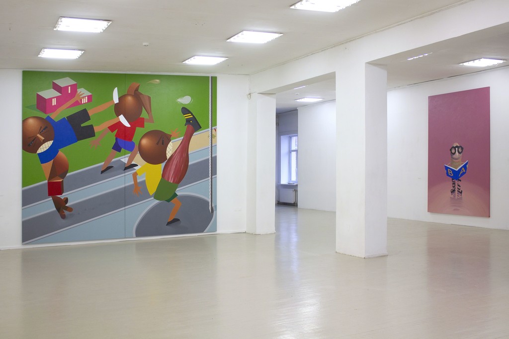 Fragment of exhibition "Družba".
On the left: Kaido Ole, "Baltic Match". 2016. Oil and acrylic on canvas, 330 x 390 cm.
On the right: Kaido Ole, "Freak with Book". 2014. Oil and acrylic on canvas, 280 x 190 cm. Fragment of exhibition "Družba".
On the left: Kaido Ole, "Baltic Match". 2016. Oil and acrylic on canvas, 330 x 390 cm.
On the right: Kaido Ole, "Freak with Book". 2014. Oil and acrylic on canvas, 280 x 190 cm.