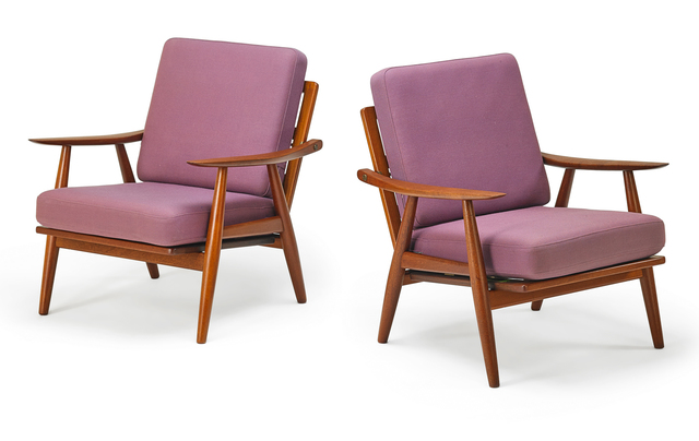 Hans Jørgensen Wegner, ‘Pair of lounge chairs (GE260), Denmark’, 1950s, Design/Decorative Art, Teak, brass, upholstery, Rago/Wright