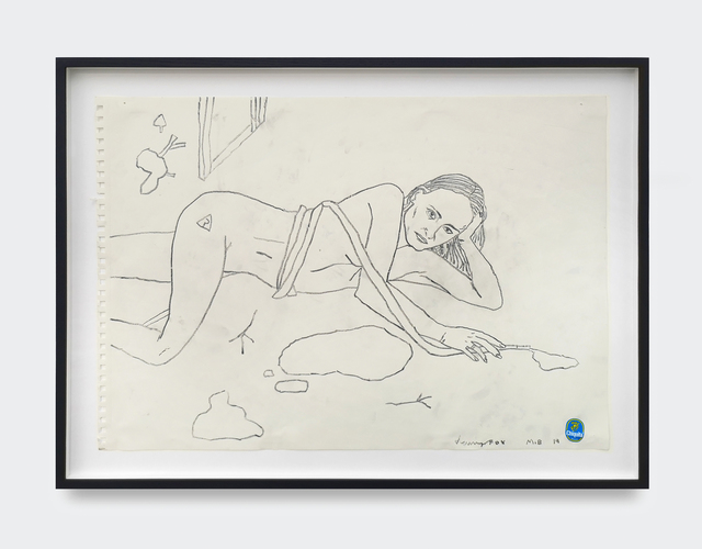 Danny Fox, ‘Untitled’, 2019, Drawing, Collage or other Work on Paper, Graphite and fruit sticker on paper In handmade black ash wood frame with Ultravue glass, V1 Gallery