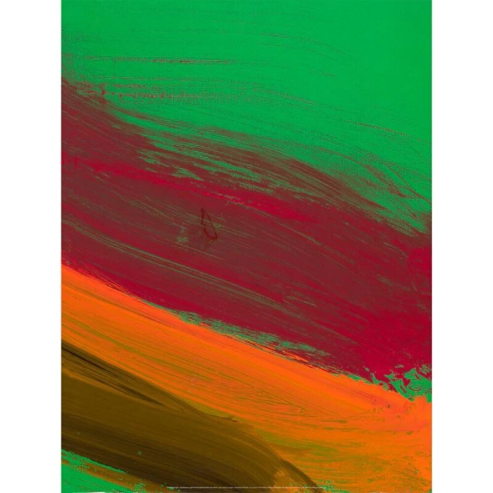 Abstract painting with red, orange, and green brush strokes on a white background