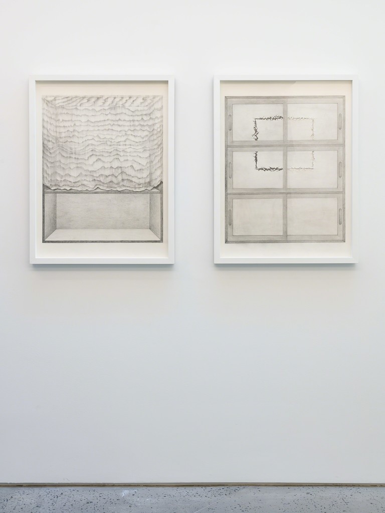 Seung Ae Lee, A Cabinet (Master Drawing), 2017, pencil on paper, 59.4h x 42w cm each, diptyque, installation view Seung Ae Lee, A Cabinet (Master Drawing), 2017, pencil on paper, 59.4h x 42w cm each, diptyque, installation view