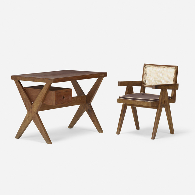 Pierre Jeanneret, ‘desk and chair from Chandigarh’, c. 1960, Design/Decorative Art, Teak, cane, upholstery, Rago/Wright