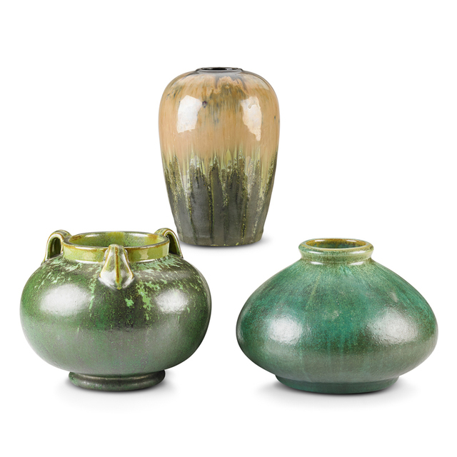 Fulper Pottery, ‘Three Vases (One Prang), Leopard Skin Crystalline, Cucumber Green and Experimental Flambé Glazes, Flemington, NJ’, 1910s-20s, Rago/Wright