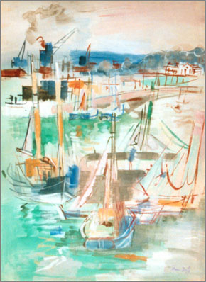 Jean Dufy, ‘Honfleur, le quai de la Planchette et le jetee de Transit’, 1939, Painting, Gouache, Puccio Fine Art