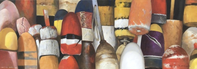 Michel Brosseau, ‘"Buoys in October" Oil painting of red, orange, yellow and black buoys’, 2019, Eisenhauer Gallery