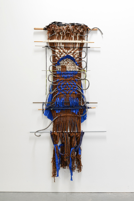 Kira Dominguez Hultgren, ‘Horizon Lines’, 2020, Textile Arts, Discontinuous embedded substitutional warp-faced double weave with found wood and metal loom bars left in place; silk from artist’s grandmother’s and artist’s own childhood Punjabi suits; backstrap in cotton jersey sourced from India and Joann’s fabrics; climbing rope (Berkeley Iron Works); hand/machine spun yarns in wool, alpaca, silk, acrylic, and other novelty fibers., Eleanor Harwood Gallery