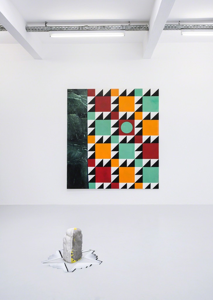 Exhibition view, 2017. “Keeping Up with the Gaddafis (Tripolis-NY)“, 2016, oil on canvas, 200x180cm. Front: “WMD“, 2017, plaster, paint, glass, height 35cm. Photo: Verena Nagl. Exhibition view, 2017. “Keeping Up with the Gaddafis (Tripolis-NY)“, 2016, oil on canvas, 200x180cm. Front: “WMD“, 2017, plaster, paint, glass, height 35cm. Photo: Verena Nagl.