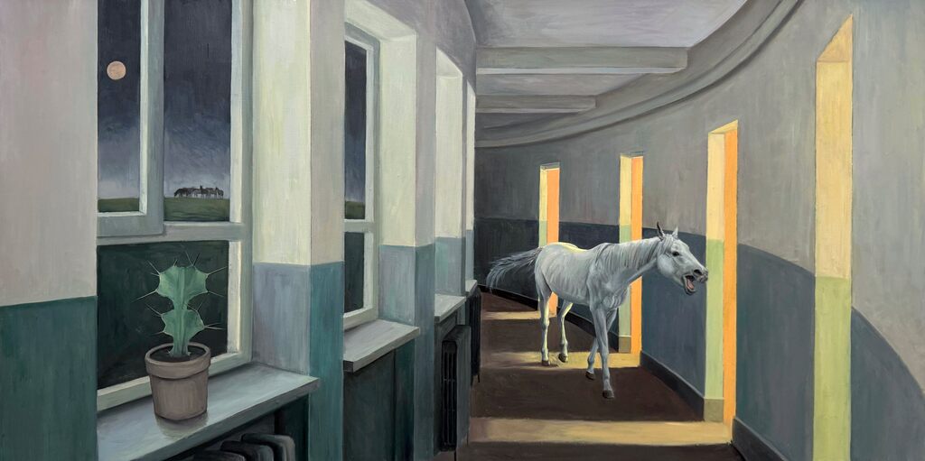 Tianhao, The Human Condition, 2026. A horse stands in a curved corridor of identical doors lit from within, while a window reveals a herd running free under a full moon.