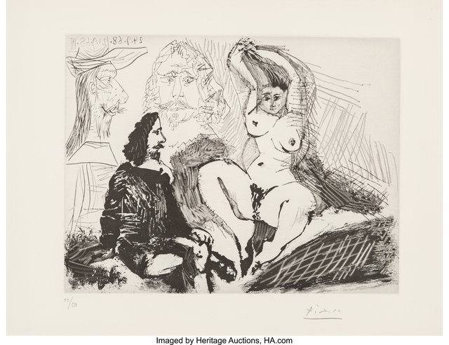 Pablo Picasso, ‘Homme assis auprès d'une femme se coiffant, avec, derriàre, deux peintres, from La série 347’, 1968, Heritage Auctions
