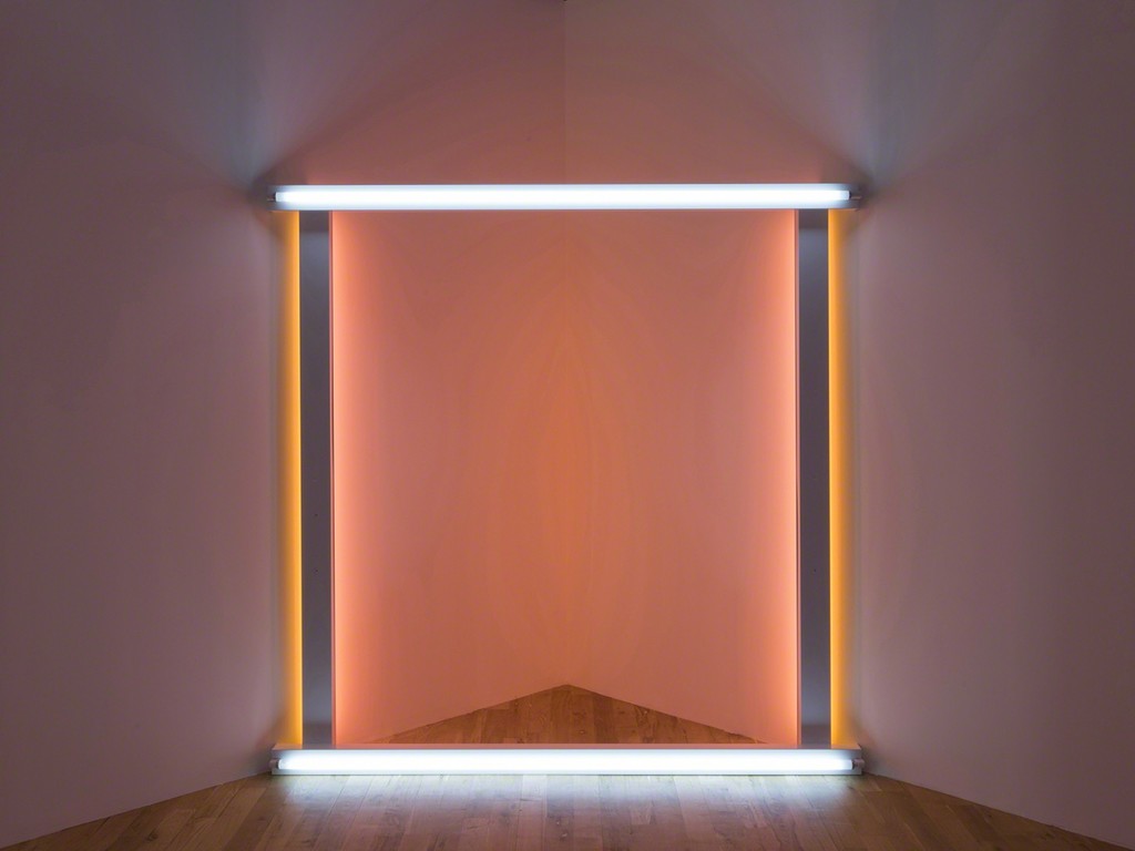 Dan Flavin, untitled (to the “innovator” of Wheeling Peachblow), 1966–68. Daylight, yellow, and pink fluorescent light. 8 ft. square across a corner. Installation view: Dan Flavin: cornered fluorescent light, Mana Contemporary, Jersey City, 2018. Photo: John Berens. Courtesy of the Estate of Dan Flavin Dan Flavin, untitled (to the “innovator” of Wheeling Peachblow), 1966–68. Daylight, yellow, and pink fluorescent light. 8 ft. square across a corner. Installation view: Dan Flavin: cornered fluorescent light, Mana Contemporary, Jersey City, 2018. Photo: John Berens. Courtesy of the Estate of Dan Flavin