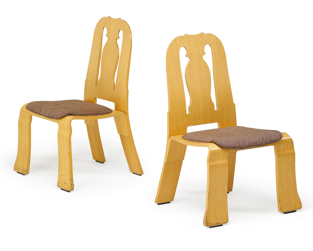 Robert Venturi, ‘Pair of Queen Anne chairs, New York’, 1980s, Design/Decorative Art, Birch plywood, upholstery, Rago/Wright