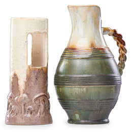Ikebana Vase In Elephant's Breath Glaze And Pitcher With Braided Handle In Flambé Glaze, Flemington, NJ