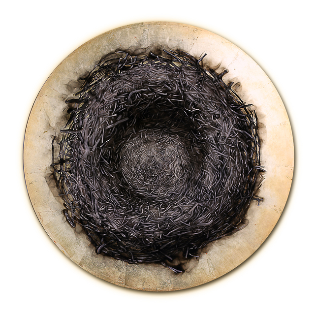 Steven Spazuk, ‘Empty Nest’, 2020, Painting, Soot, acrylic, and gold leaf on panel, Adelson Galleries