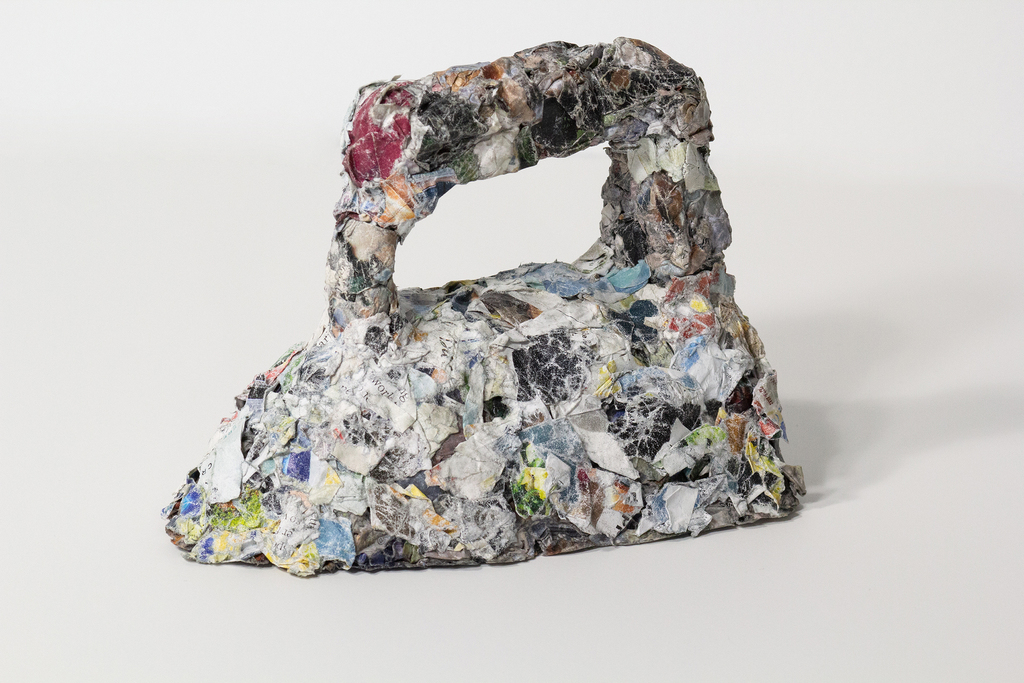 Travis LeRoy Southworth, New Automatic, 2020, Mashed paper from beauty magazine ads.
"This paper sculpture was created in response to a 1920s iron in the MOCA collection. I was particularly drawn to it as I often use an iron to smooth out fabric and paper pulp within my own artistic practice. This work follows similar pieces in which I recreate objects from memory using only magazine paper that is mashed together." Travis LeRoy Southworth, New Automatic, 2020, Mashed paper from beauty magazine ads.
"This paper sculpture was created in response to a 1920s iron in the MOCA collection. I was particularly drawn to it as I often use an iron to smooth out fabric and paper pulp within my own artistic practice. This work follows similar pieces in which I recreate objects from memory using only magazine paper that is mashed together."
