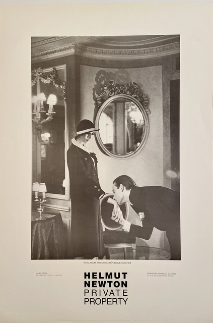 Helmut Newton, ‘Rare Limited Helmut Newton "Private Property" Gallery Lithographic Poster (features the photo "Hotel Room. Place de la Republque, Paris", 1976)’, 1985, Posters, High Quality Lithographic Gallery Exhibition Poster, David Lawrence Gallery