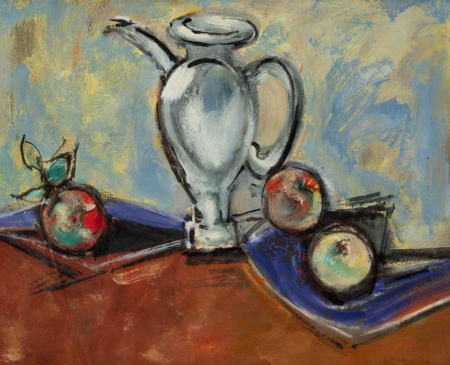 Max Weber, ‘Sill Life with Pitcher and Fruit’, 1950, Painting, Oil on board, Gerald Peters Gallery