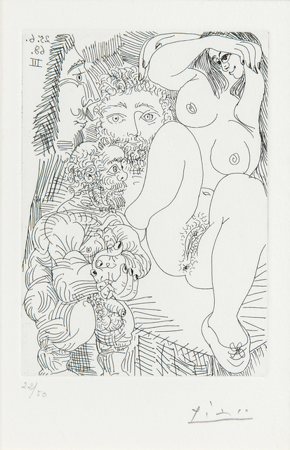 Pablo Picasso, ‘Jeune courtisane avec un gentilhomme, un sculpteur et un vieillard alléché, plate 185 from 347 Gravures’, 1968, Print, Etching on Rives paper with watermark, Skinner