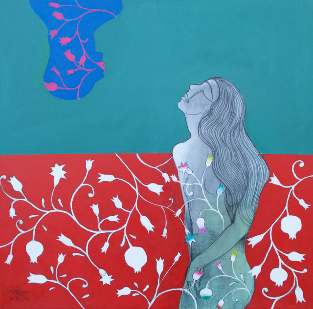 Hosni Radwan, ‘Pomegranate Kiss ’, 2017, Painting, Acrylic on canvas, Zawyeh Gallery