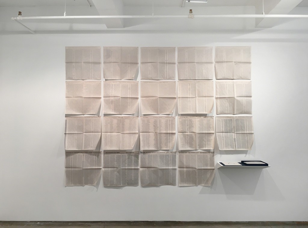Ann Hamilton
(stylus · newspaper/record), 2010
Sound, custom-cut vinyl record, 28 screenprinted newspapers, paper, bookbinder's clamshell box
Dimensions variable
6/28, Edition of 28 and 5 A.P. Ann Hamilton
(stylus · newspaper/record), 2010
Sound, custom-cut vinyl record, 28 screenprinted newspapers, paper, bookbinder's clamshell box
Dimensions variable
6/28, Edition of 28 and 5 A.P.