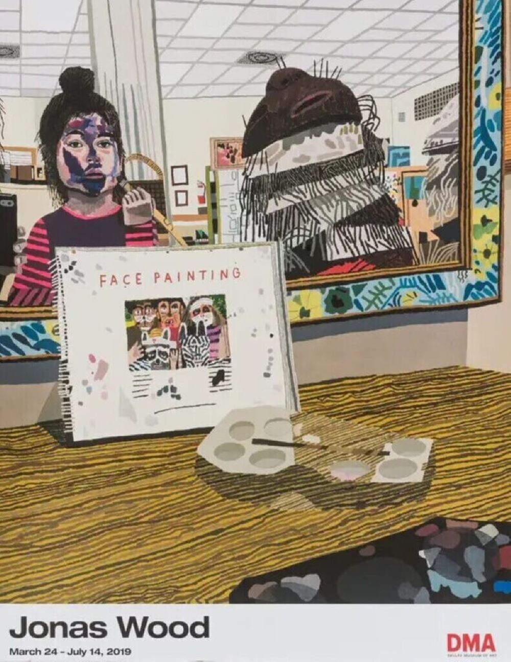 Artistic depiction of a face painting station with art supplies and a 'Face Painting' sign, featuring the artist Jonas Wood.