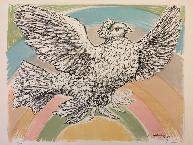Pablo Picasso, ‘Le Colomb Volant - The Flying Dove with a rainbow’, 1952, Print, Original chalk drawn Lithograph in 8 colours on Arches watermarked paper, Puccio Fine Art